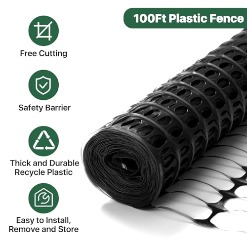 Temporary Fence Plastic Fence with Posts,40" x100' Safety Barrier for Dogs Snow Mesh Fencing with Steel Stake 4Ft Movable Portable Fencing Fence Roll 40In High for Garden Backyard Outdoor-Black - color: Black