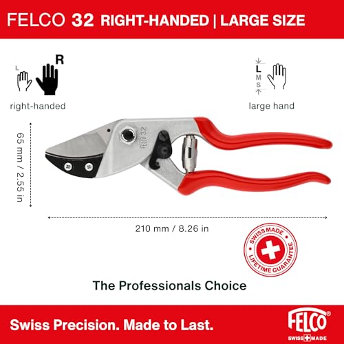 Felco F32 Pruning Shears โ 8.3" Garden Clippers with Anvil Blade for Woody Stems | Hand Pruners for Gardening | Garden Tool Cutter with Forged Aluminum Handle, Rubber Grip, Precision Swiss Performance - size: F32 Large Curved Anvil