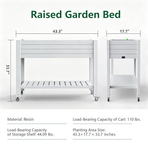 Vixzen 33.7" Tall Raised Garden Bed Outdoor with Wheels & Shelf, Divisible Resin Planter Box with Drainage Gauge, Planter Bed Box for Vegetables/Herbs, Backyard, Patio, Balcony, Ashen (33.7" H) - color: Ashen, size: 33.7"h