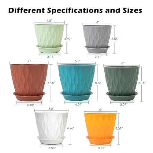 GARDIFE 7 Pack Plant Pots 4-7 inch with Drainage Holes and Tray, Red - color: Color-red