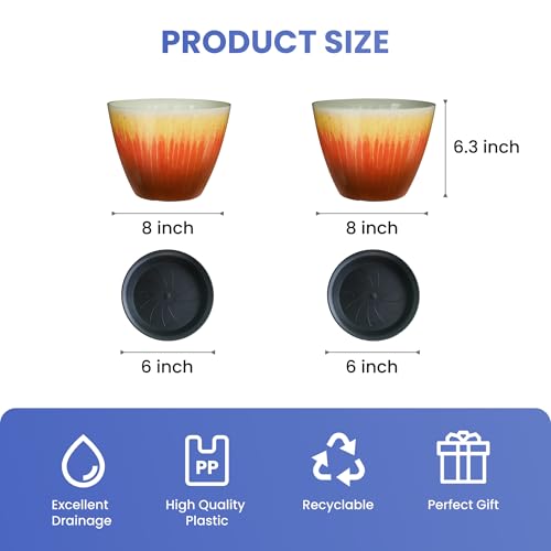 8 inch Plant Pots Pack of 2, Plastic Flower Pots Flower Pots, Modern Glossy Finishing Planter for Indoor Outdoor Plants (Orange Glaze) - color: Orange Glaze, size: 2 pack