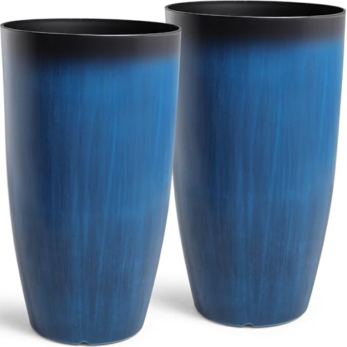 Autodaya 24" Large Tall Outdoor Planters Set of 2, Faux Ceramic Flower Pots - color: 24"h-gradient Cobalt Blue