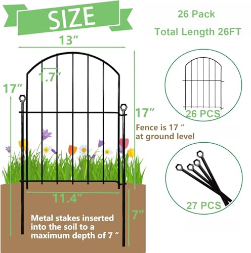 Decorative Garden Fence 17in(H)x13in(W), 26 Pack Rustproof Metal No Dig Fence Animal Barrier for Dog, Arched Flower Bed Edging Ornamental Wire Border Panel Fencing for Yard Patio Outdoor Decor - color: Black, size: 17 in(H)