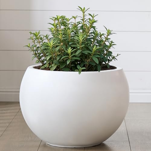 15.8"Dia x 10.9"H Fiberstone Sphere Planter, White Round Flower Pot - color: White, size: Medium