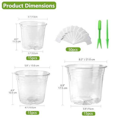 45 Pack 5/6/8 Inch Clear Nursery Pots with Drainage Holes - size: 5/6/8in(45pack,clear)