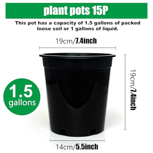 RooTrimmer 1.5 Gallon Plastic Nursery Pots, 7.5 Inch Round Plant Pots with Drainage Holes, 15 Pack Flower Pots for Outdoor Indoor Plants, Flowers, Gardening Gifts for Women, Black - size: 1.5Gallon-15P-Black