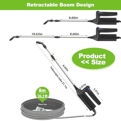 Battery Powered Sprayer Wand, 32 Inch Garden Sprayer Telescopic Wand with 3 Adjustable Speeds, Battery Indicator, 26.2 FT Hose, 7.4V Rechargeable Water Sprayer Wand with 4 Adjustable Nozzles & Filter