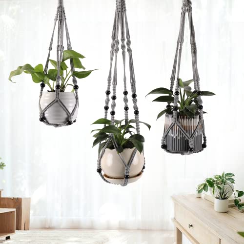 Macrame Plant Hangers with Beads for Indoor and Outdoor, 3 Pack - color: Gray