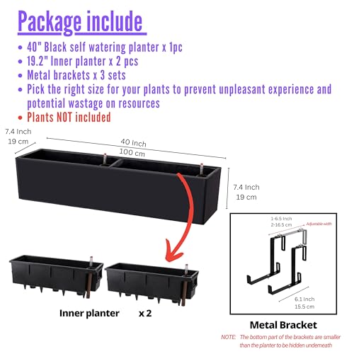 LaLaGreen Rail Planter for Balcony Outdoor (1 Pack, 40 Inch) Large Black Self Watering Railing Planters with Brackets, Rectangular Plastic Window Flower Box Simple Designer Choice with Rattan Pattern - color: 40" X 1 (Black)