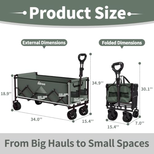 34" Extra Long Collapsible Wagon Cart, 360LBS Capacity, Green - color: Green