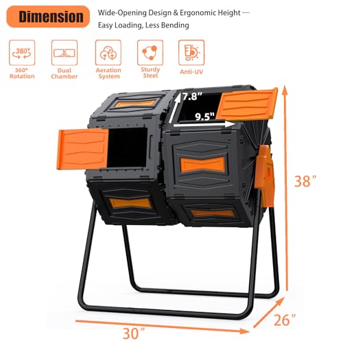 Compost Tumbler, 45-Gal Dual Chamber Compost Bins, BPA-Free Tumbling Composting Bins with 2 Sliding Doors and Metal Frame,Easy Assembly Large Composter Tumbler Outdoor Compost Bin Kitchen - color: Orange
