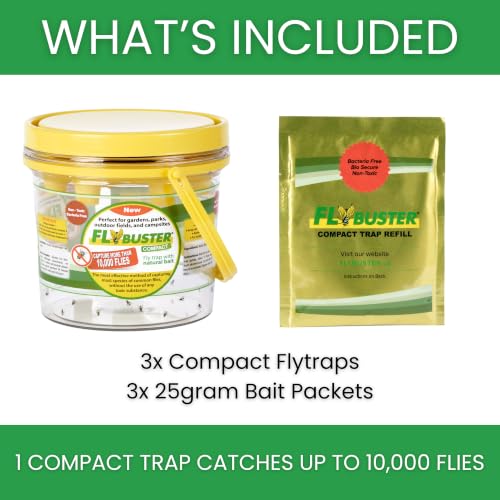 Flybuster Fly Trap | Outdoor Device for Catching Flies | 1-Liter Compact Size | 3 Pack | Comes with Three Flytraps and 3 Bait Packets | 30,000 Fly Capacity | Non-Toxic | Child & Pet Safe