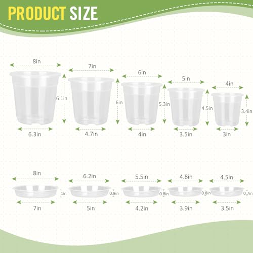 RAOOKIF 8/7/6/5/4 Inch Clear Nursery Pots with Drainage and Saucers, 10 Pack Clear Pots for Plants, Nursery Pots for Flowers, Succulents Outdoor Indoor