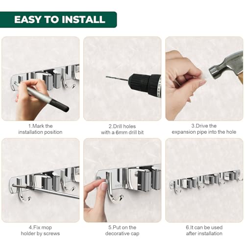 CUXIXA Mop and Broom Holder Wall Mount for Kitchen Garden Laundry Garage - color: Silver, size: 3 Racks with 4 Hooks
