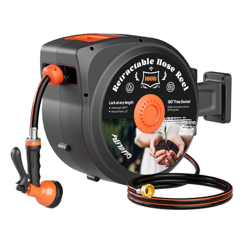 TABU 1/2 Inch x 100 FT Retractable Garden Hose Reel, Wall Mounted