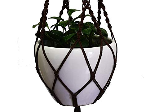 Hemp and Cotton Rope Macrame Plant Hanger Hanging Planter 4 Legs 59 Inch, Without Pot for 12-13 inch Plant Pot (Dark Brown-Cotton)