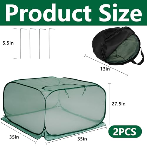 2 Pcs Pop Up Mesh Plant Cover, 35" x 35" x 27.5" Foldable Plant Protector Mesh Plant Enclosure, Garden Net Cage Guard Cover with 8 Ground Stakes for Protecting Plant Vegetable Fruit from Birds Insects - color: 2 Pcs
