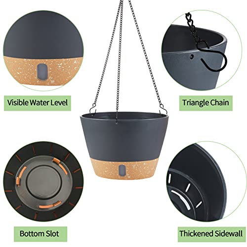 2 Pack Hanging Planters for Indoor Outdoor Plants, 10 Inch Hanging Flower Pot Basket with Drainage Hole with Removable Tray&Hooks Self Watering Plant Pot for Hanging Plants, Dark Grey