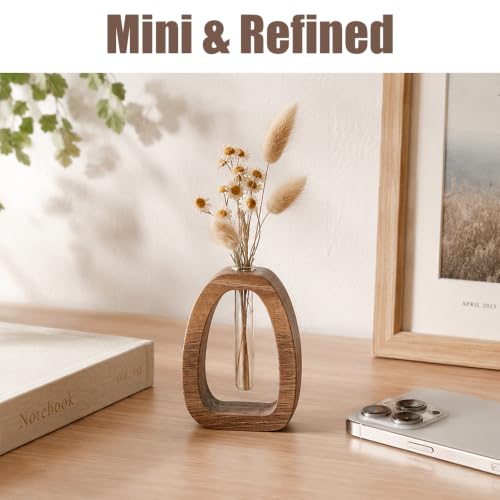 Mini Wood Vase Terrarium, Glass Tube Plant Propagation Station, MCM Decor - size: Small Single Tube
