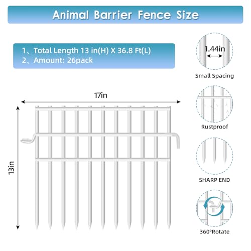 37ft (L) X 13in (H) Garden Animal Barrier Fence, 26 Pack No Dig Dog Fence Border, 1.44in Gap Decorative Fences, Rustproof Metal Wire Garden Border Fence for Dog, Rabbits Ground Stakes, White - color: White, size: 26 Panels, 13 in x 36.7 ft