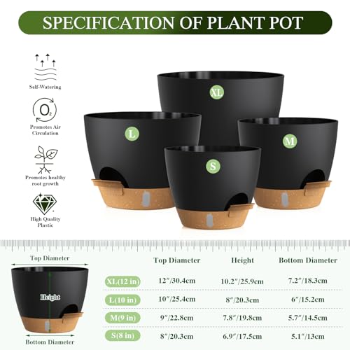 Plant Pots, 4 Pack 12/10/9/8 Inch Self Watering Pots with Drainage Holes, Water Level Indicator Deep Reservoir, Large Planters for Indoor Outdoor Plants - Black Brown - color: Black Brown, size: 12+10+9+8 inch Set