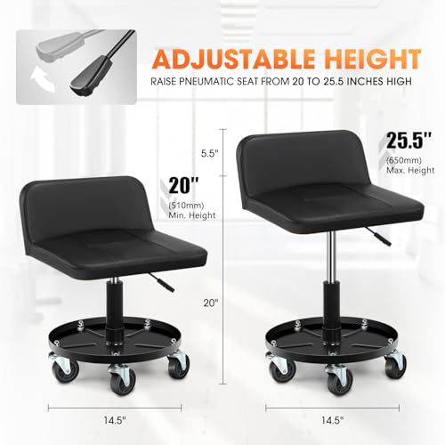 DNA Motoring Rolling Padded Seat Adjustable Height Seat 330lbs Capacity Rolling Mechanic Creeper Stool, W/Tool Storage Drawer & Tray, Black, TOOLS-00601 - style: Round Tray Black