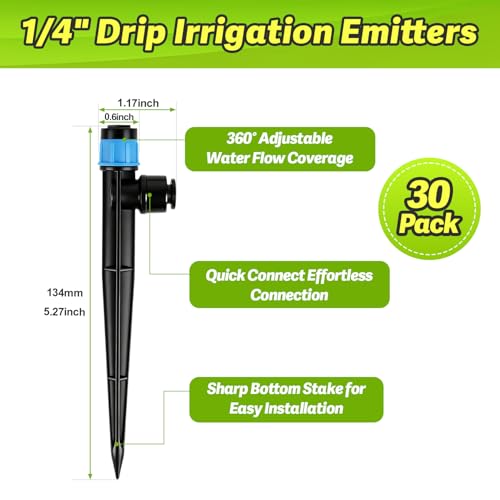 30 Pack Quick Connect Drip Emitters Fan Shape with Stake for 1/4" Irrigation Tubing, Adjustable 360 Degree Water Flow Irrigation Vortex Sprayer Garden Irrigation Dripper for Watering System - color: Push Vortex Emitter-30P
