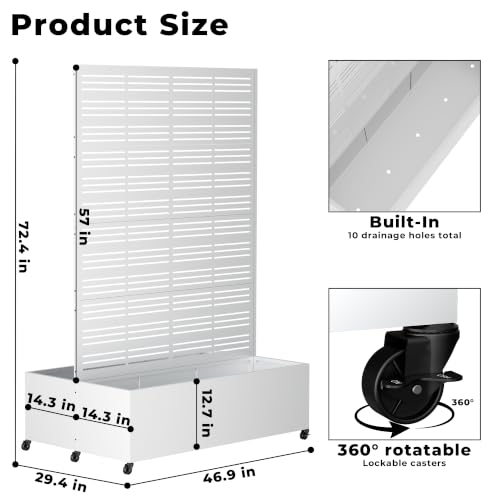 Double Metal Planter Box with Trellis Privacy Screen, Raised Garden Bed with Trellis & Wheels, Privacy Planters for Patio, Planter Box for Climbing Plants, Flower, 73"x 47"x 30", White Line - color: White Line, size: 73"x 47"x 30"