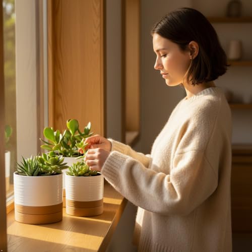 HASENSE Small Plant Pots, 4.6 Inch Ceramic Flower Pots with Two-Tone Glaze Design, Indoor Outdoor Planter with Drainage Hole and Saucer, Cute Tabletop Decor, 4 Pack, White-Brown - color: White & Terracotta, size: 4.6 Inch