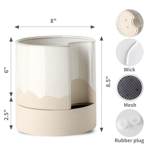 Nihow Ceramic Self Watering Plant Pot for Indoor Plants,8 Inch,White & Wave - color: White & Nature, size: 8" Self Watering