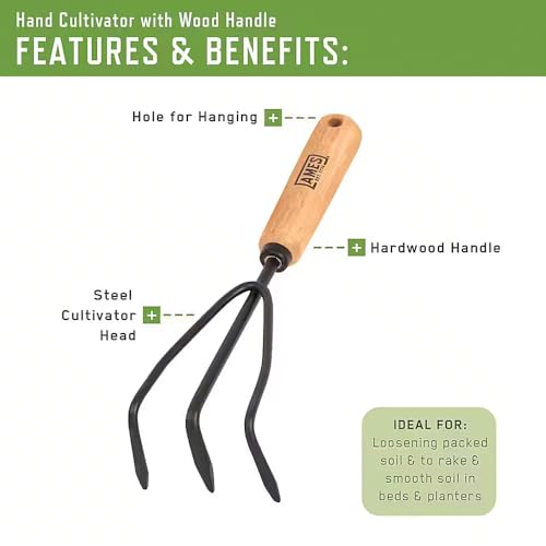 AMES 2446300 Tempered Steel Hand Cultivator with Wood Handle, 11-Inch, Brown - style: Wood Handle Hand Cultivator