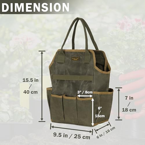 Tool Bag, Heavy Duty 16oz Waxed Canvas Garden Tool Tote - with 3 Inner Slots & 8 Outer Pockets, Multi-Purpose Gardening Tool Storage Bag for Gardener Florist Workshop - Army Green - color: ArmyGreen