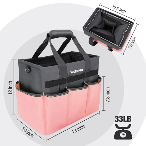WORKPRO Garden Tool Bag, 10 Pockets and Shoulder Strap, Pink - color: Pink