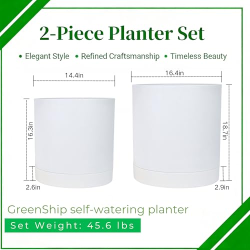 GreenShip Planter Set of 2 (15.7" &13.7") – Cylinder Planters with Drainage Hole and Planter Saucer, Jun Porcelain Clay & Recycled Resin, Decorate Home,Office & Outdoor,White pots - color: White, size: 15.7in+13.7in