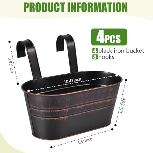 OBTANIM 4 Pack Metal Hanging Flower Pots Iron Railing Planter Outdoor Fence Hanging Pots Bucket Plant Holder with Detachable Hooks Drain Holes for Home Garden Yard Decor (Black) - color: Black