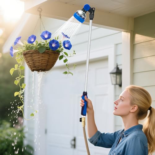 Watering Wand for Garden Hose, 24 Inch, Heavy Duty, 10 Spray Patterns, Thumb Control Hose Nozzle with 180° Pivoting Head, Ideal for Hanging Baskets, Plants and Shrubs - color: Blue