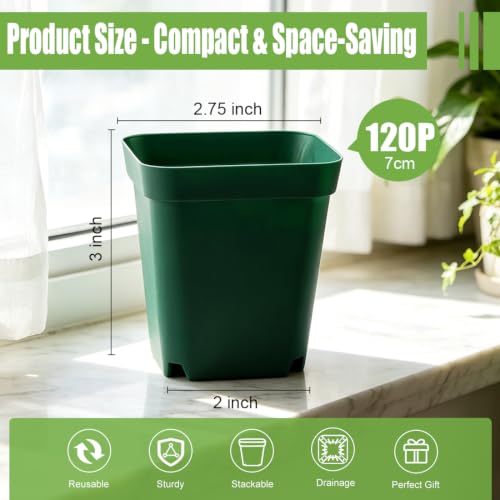 2.75 Inch Square Nursery Pots with Drainage Holes for Plants, 120 Pack - color: Green-120p, size: 2.7" 120P
