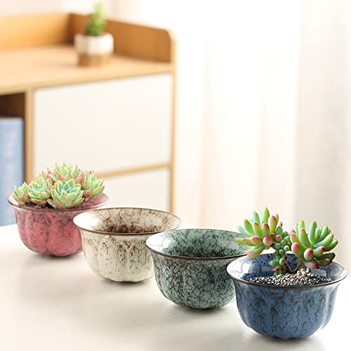 Ceramic Succulent Planter Pot with Drainage Planting Pot Flower Pots Small Planter Pots Flowing Glaze Base Serial Set with Holes - color: Retort With 4