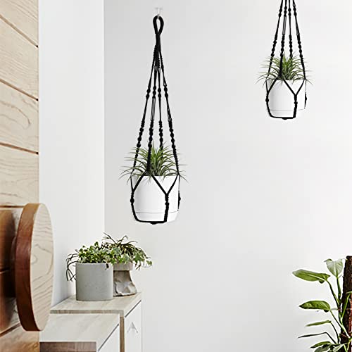 Macrame Plant Hanger Indoor Hanging with Wood Beads Macrame Planters No Tassel for Indoor Outdoor Boho Home Decor 35 Inch (Black,1pc) - color: Black