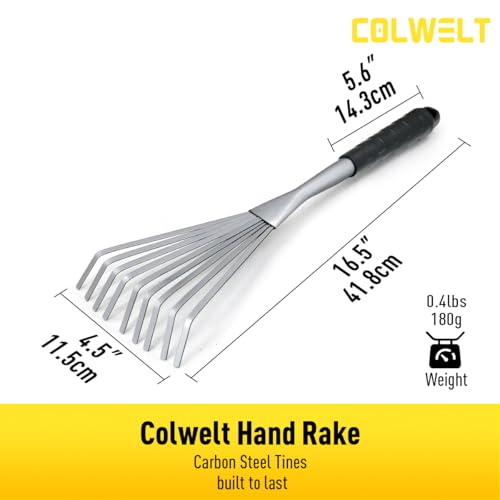 Colwelt Hand Rake 16.5", Small Rake for Gardening with 9 Resilient Flat Tines, Metal Mini Rake with Hanging Hole for Storage, Hand Fan Rake for Leaves, Loosening Soil, Spreading Mulch, Flower Beds