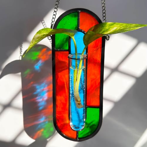 LITMIND Multi-Color Stained Glass Propagation Station - Handcrafted Translucent Suncatcher Planter with 2 Tubes, Hanging Hydroponic Décor for Windows & Garden - color: Style A06 (Tropical Spectrum)