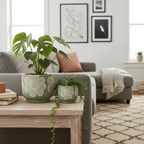 Ceramic Plant Pots, 8+6 Inch, 2 Pcs Indoor Planters with Drainage Holes - color: Modern Green Floral, size: 8+6 Inch