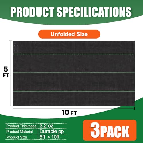5 x 10 Feet 3 Pack Weed Barrier Fabric Garden Landscape Weed Blocker Woven Fabric Heavy Duty Ground Cover Mat - size: 5ft x 10ft-3 Pack