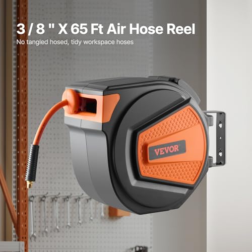VEVOR Retractable Air Hose Reel, 3/8IN x 65FT Hybrid Air Hose Max 300PSI, Air Compressor Hose Reel Auto-Rewind with 6.6 FT Lead in, Ceiling/Wall Mount Enclosed PP Reel & Built-in 180° Swivel Bracket - size: 3/8IN x 65FT