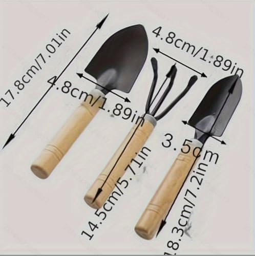 Garden Hand Tool Set, 3-Piece Mini Planting Tools with Wooden Handles, Trowel Rake and Cultivator