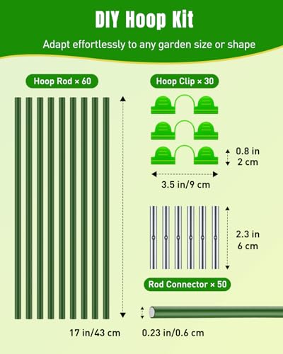 Pawfly 60 Pcs Garden Hoops for Raised Beds, 10 Sets of 8 ft Long Greenhouse Hoops Grow Tunnels, Rustproof Fiberglass Support Hoops Frame for Row Cover Garden Netting, DIY Plant Support Garden Stakes