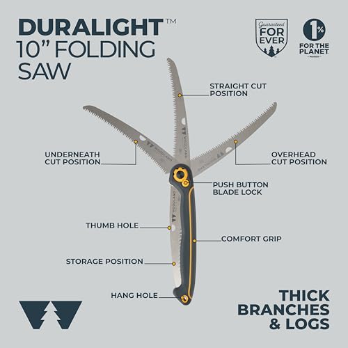 Woodland Tools Duralight Folding Saw – Curved Pruning Saw with Hardened Steel Blade, 3-Position Lock, Soft Grip Handle – Manual Tool for Tree Trimming, Branch Cutting, and Yard Work - style: Compact Duralight Folding Saw