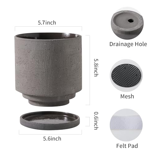 Nihow Ceramic Plant Pot with Cute Resin Figure for Idoor Plants, 5.75 Inch - color: Charcoal Gray+bt, size: 5.7 Inch