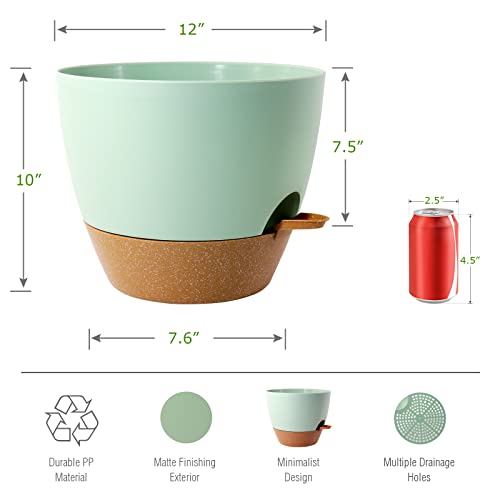 UOUZ 12 inch Large Self Watering Pots, Plastic Planters with 60oZ Removable Deep Reservoir and Multi Mesh Drainage Holes for Indoor Outdoor Garden Plants and Flowers, Green with Brown - color: Green With Brown