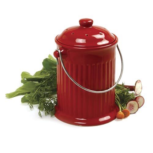 Norpro 1 Gallon Ceramic Compost Keeper, Red - color: Red